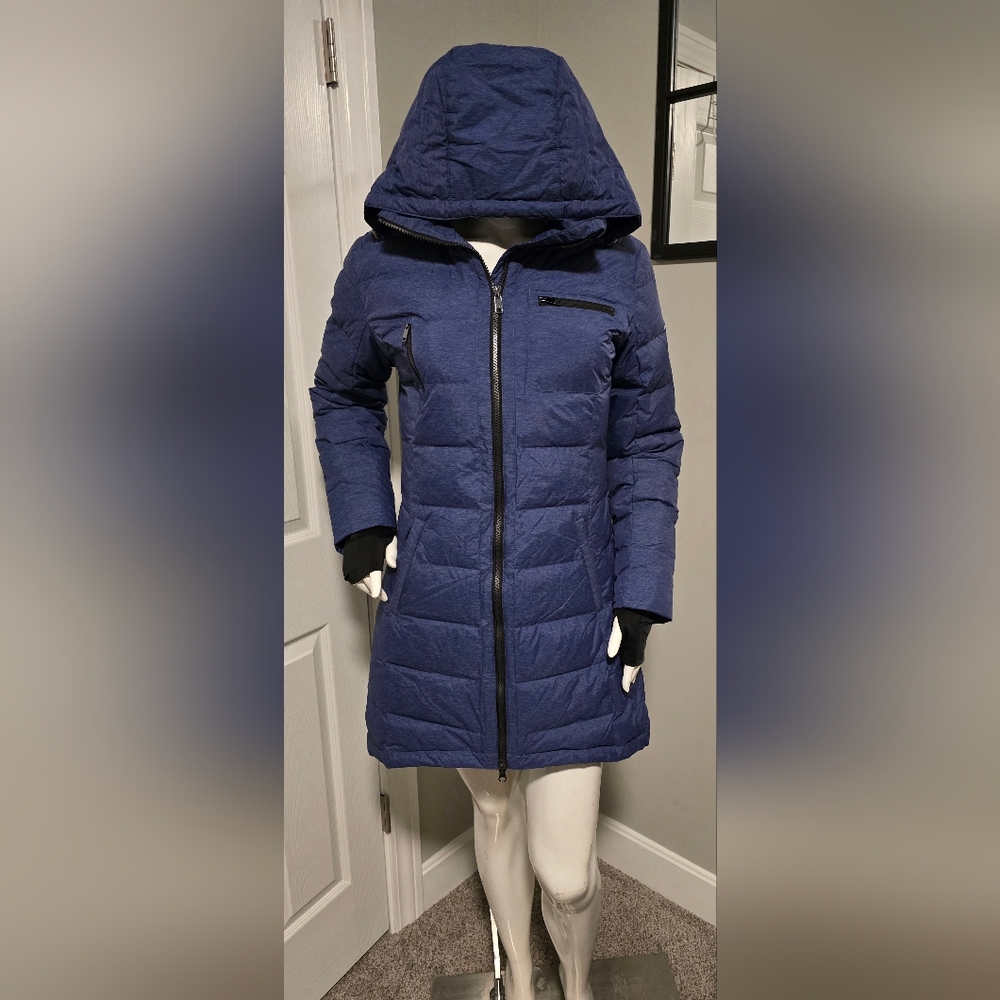 Orolay Womens Small Full Zip Hooded Puffer Down Coat Blue Slant Pocket Slim Fit